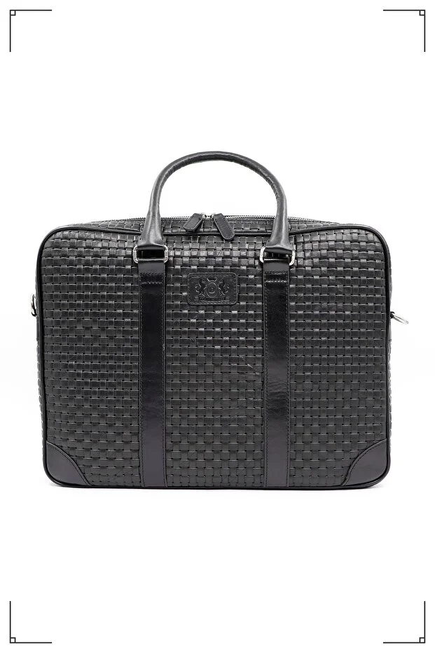 Derimo Leather Genuine Leather Briefcase and Laptop Bag Black SquarePrint