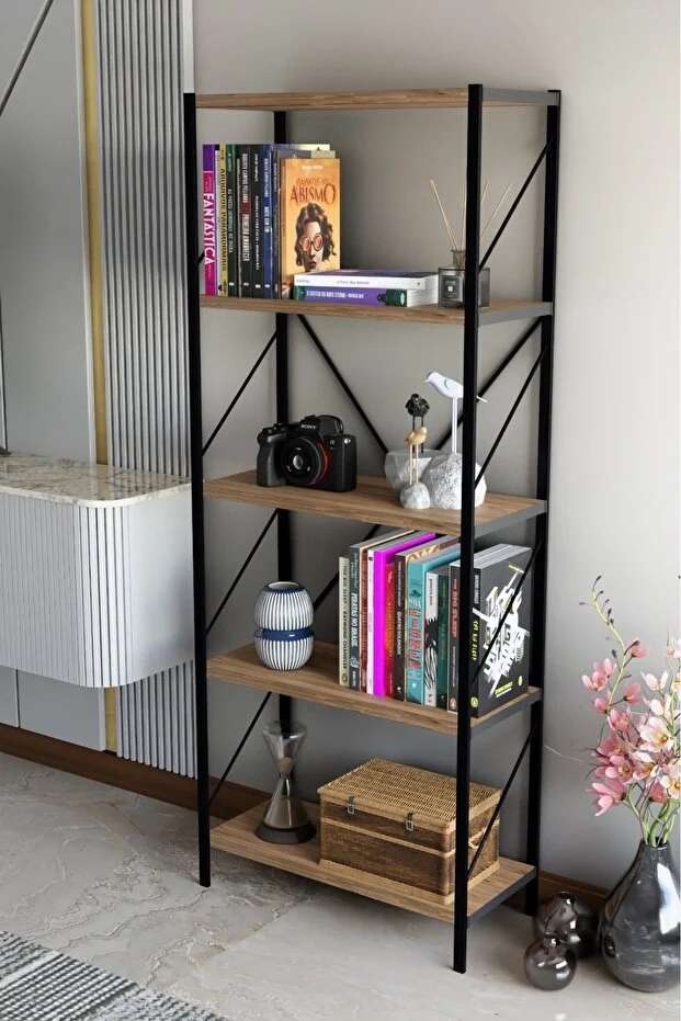 Mgr Office 150 cm Decorative 5-Shelf Bookcase Multi-Purpose Shelf Kitchen Shelf Metal Bookcase Atlantic Pine
