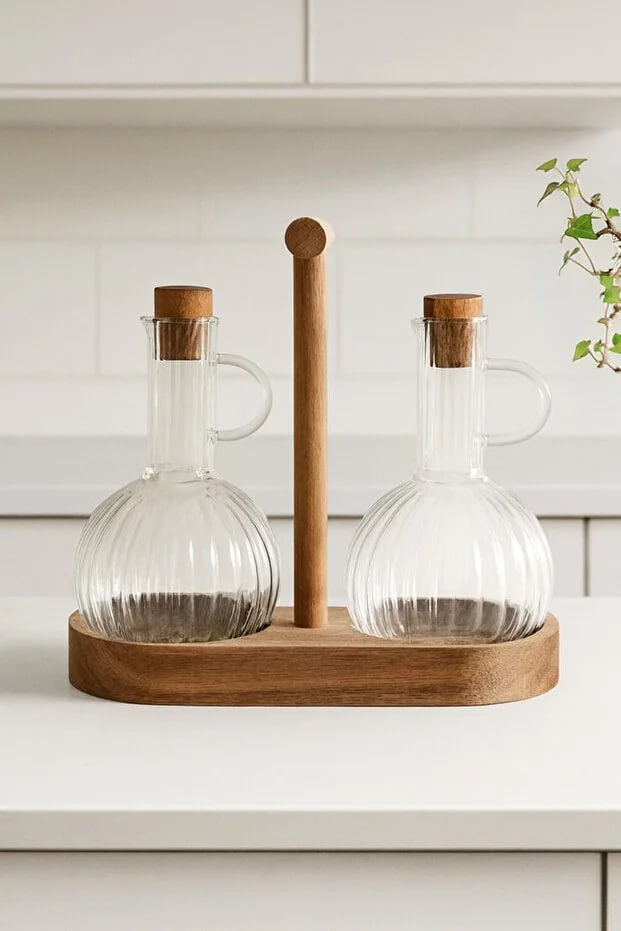 Kitchen Life Set of 2 Borosilicate Oil Bottles with Acacia Stand 2X300Ml