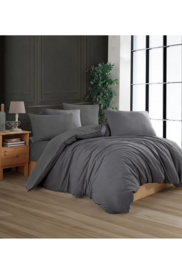 Conzaliza Cotton Double Duvet Cover Set with Fitted Sheets | Full Anthracite |