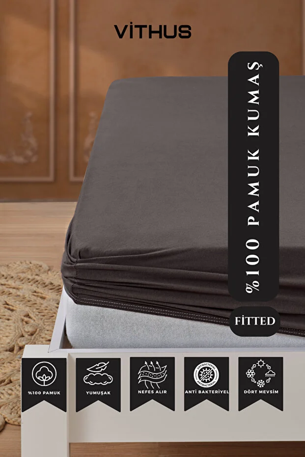 Vithus 100% Cotton Combed Elastic Fitted Sheet, Single, Double, and King Size Anthracite