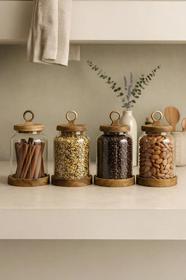 Kitchen Life 4-Piece Acacia Stand Set with Handles and Lids Borasilicate Jar Spice Rack Set Legumes 480 ml