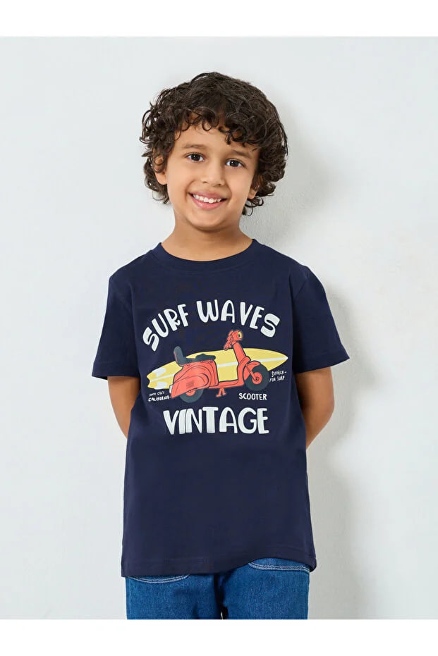 Styli Boys Navy Blue Surf Waves Graphic T-Shirt