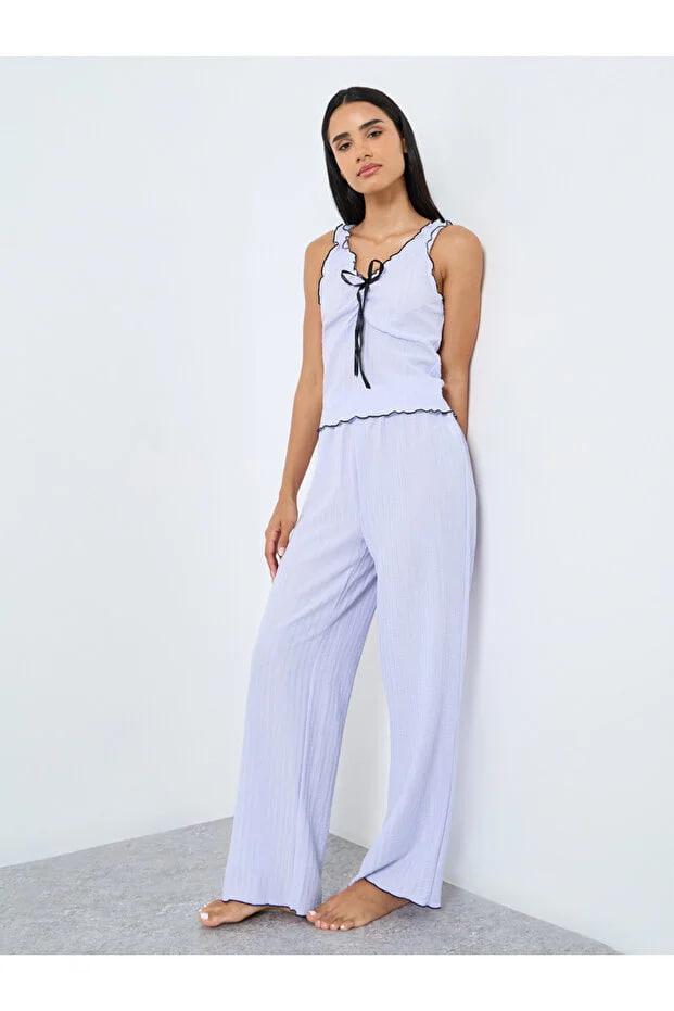 Styli Rib Crinkle Contrast Edge Bow Tank and Pyjama Set