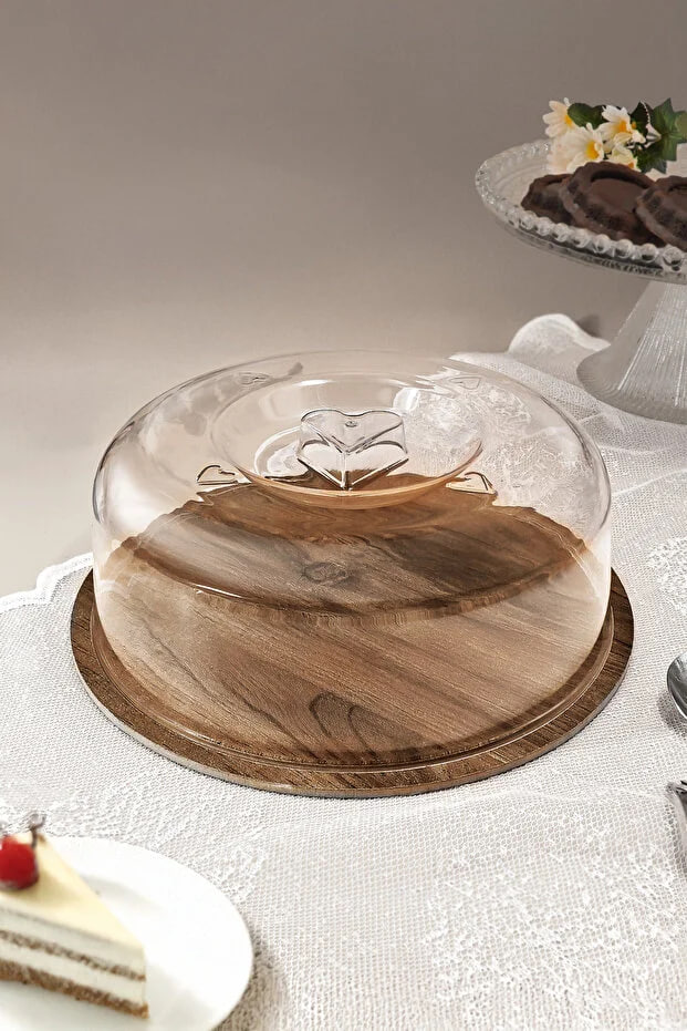 Kitchen Life Plastic Lid Cake Bowl with Round Wooden Stand - Cake Bowl - Storage Bowl