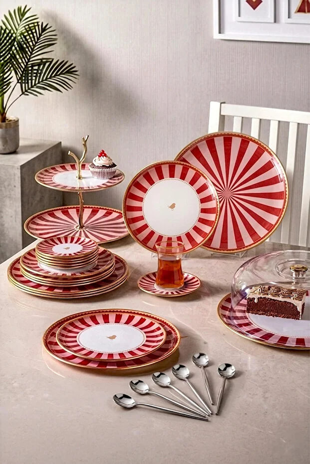 Kitchen Life 34 Piece Lovely Bird Gold Gilded Glass Cake and Tea Serving Set - Dowry Set Serving Set