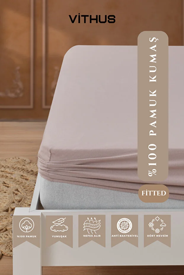 Vithus 100% Cotton Combed Elastic Fitted Sheet, Single, Double, and King Size Light Coffee