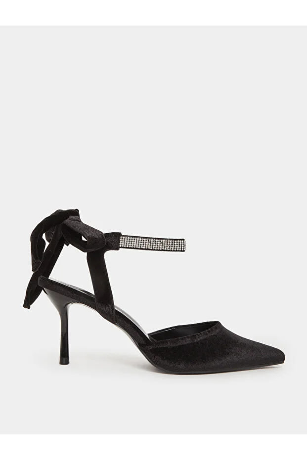 Styli Black Velvet Pointed Heels with Diamante Ankle Tie