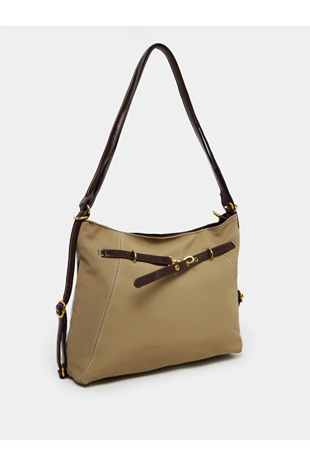 Styli Khaki Shoulder Bag with Brown Leather Detail