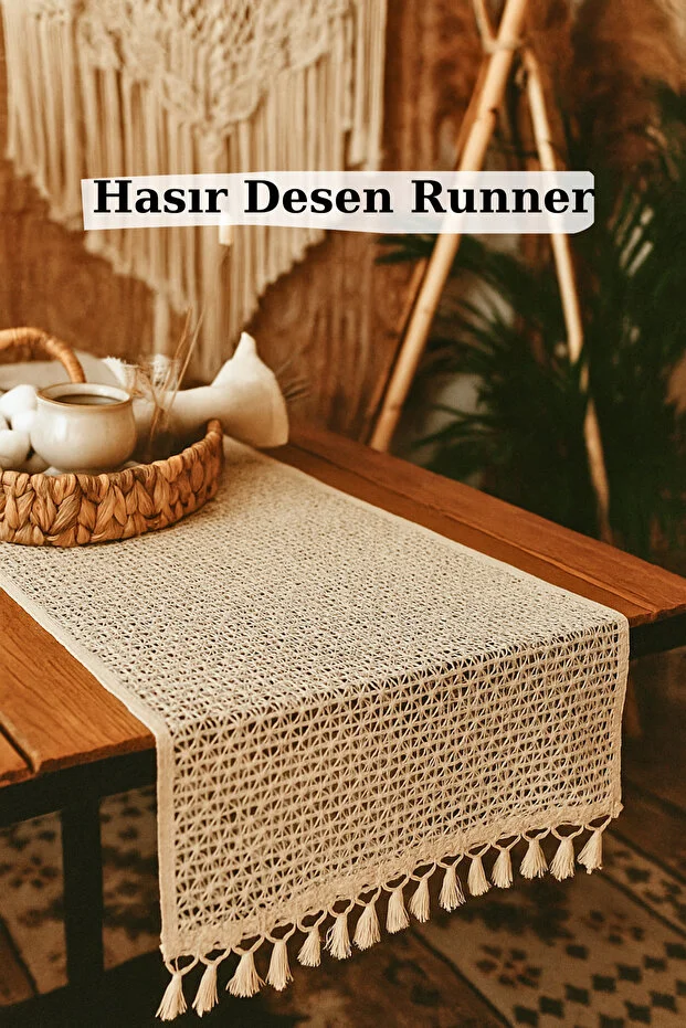KAMİZ Straw Knitted Pattern Cotton Tasseled Runner