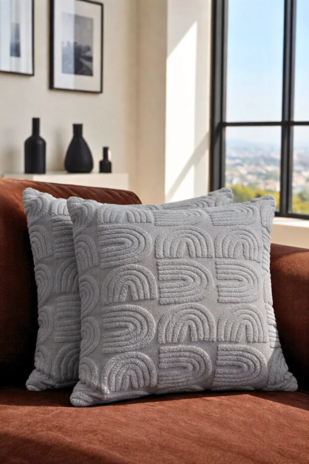OTEXSA Embossed Textured 2-Piece Gray Cushion Cover – Modern Decorative Sofa Pillowcase , Gray 2 Pieces