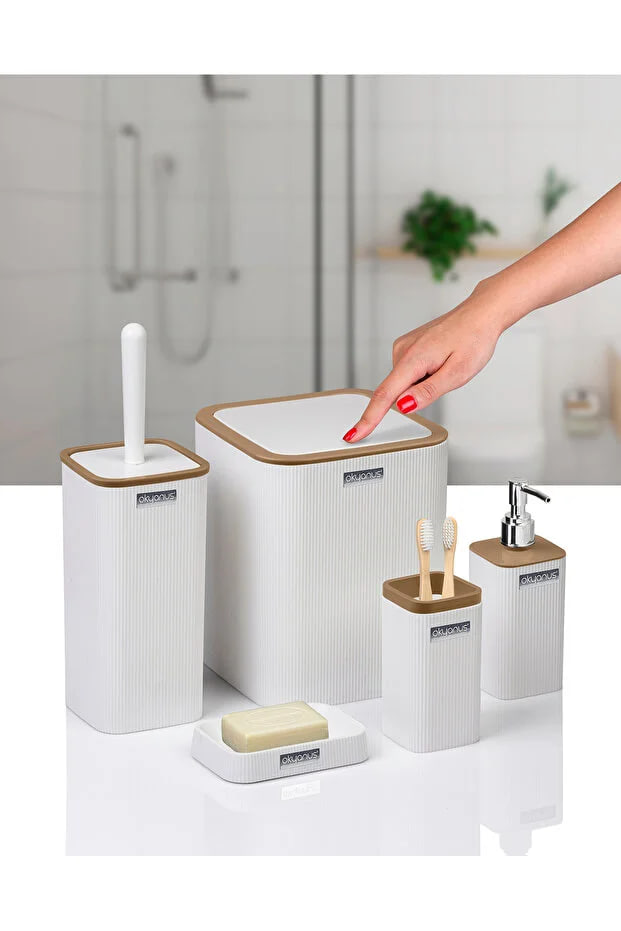 Kitchen Life Mina Due White Striped Square 5 Piece Bathroom Set