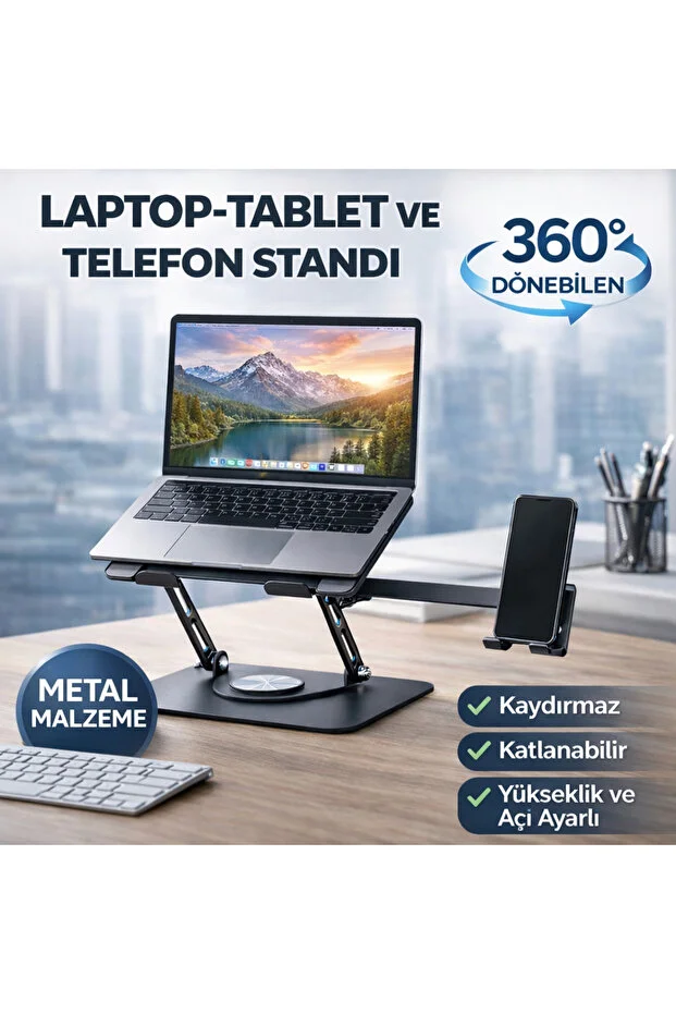 ROSE TEKNOLOJİ 2-in-1 Metal 360 Adjustable Laptop Tablet Phone Holder Multi-Purpose Stand with Anti-Slip Base