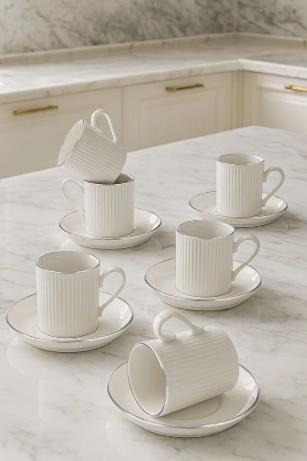 Kitchen Life 12 Pieces 6-Person Stackable Striped Silver Gilt Coffee Cup Set - Coffee Cup Set 100ml