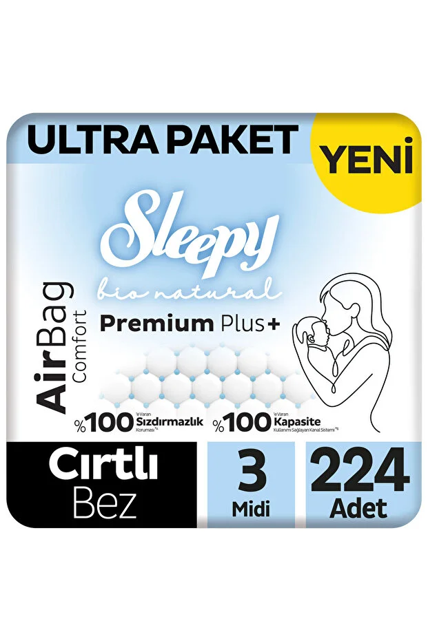 Sleepy Bio Natural Premium Plus Airbag Comfort Ultra Package Baby Diapers Size 3 Midi 224 Pieces