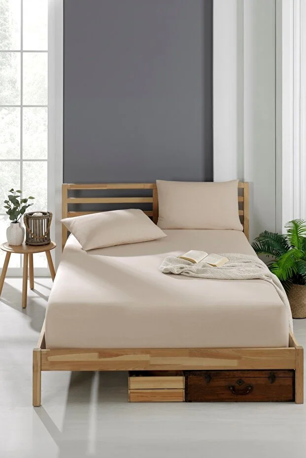 Valezium Akfil Fabric Elastic Fitted Pillowed Sheet Set Beige