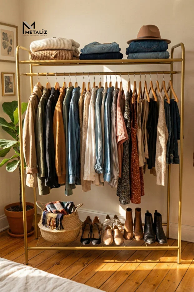 METALİZ YENİLİKÇİ TASARIMLAR Metal Clothes Rack & Shoe Rack – Portable Clothing Organizer-Shelf-Gold