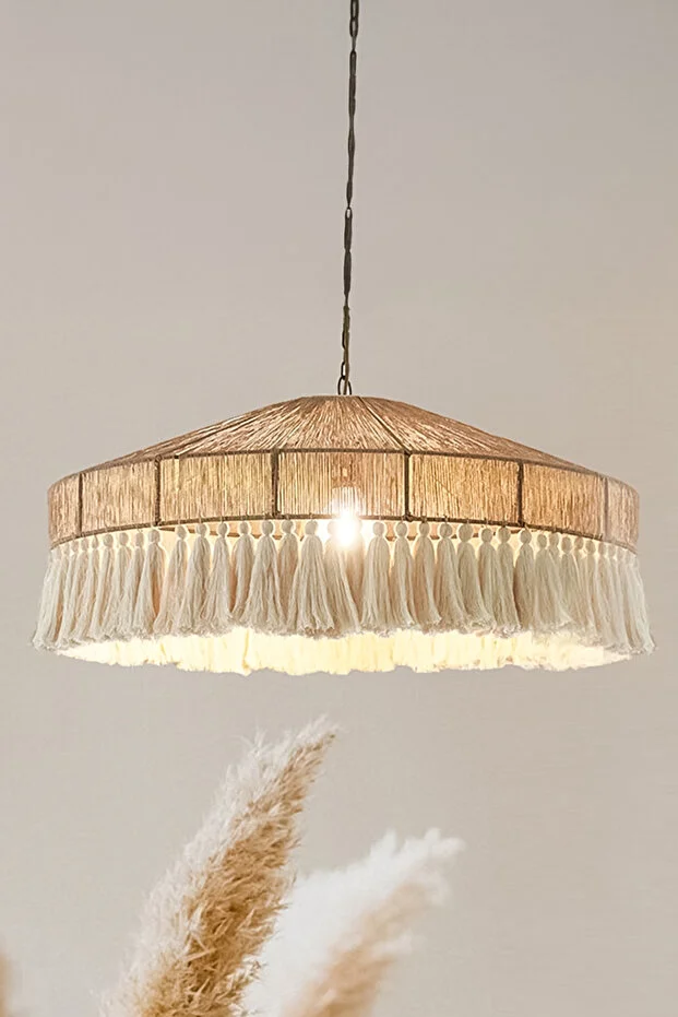 NYLife  Wicker and Macrame Bohemian Rustic Conical Tassel Chandelier
