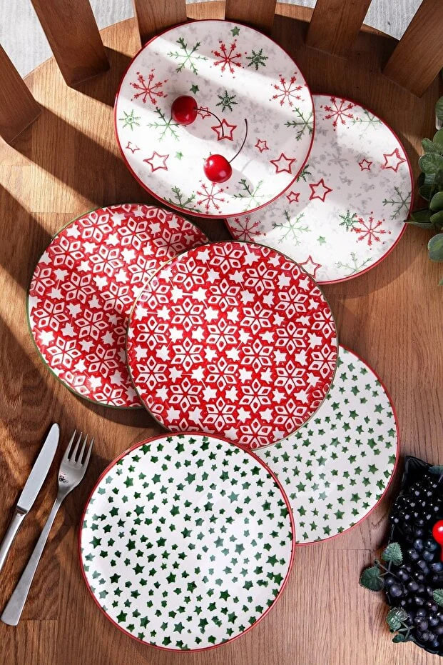 Kitchen Life 6-Piece Special Design Handmade 21cm Christmas Cake Plate Set - 6 Pieces New Year Series Cake Plate Set