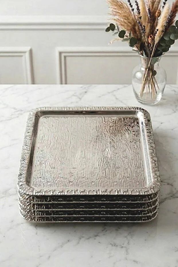 Kitchen Life 6-Piece Square Stainless Steel Silver Coffee Presentation Tray-Luxury Serving Tray 22 cm