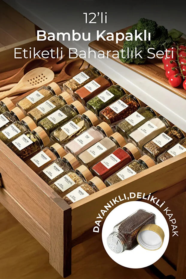 Kitchen Life 12-Piece Square Glass Spice Jar Set with Bamboo Lids / 40 Labels Included as a Gift / 12-Piece Spice Jar Set